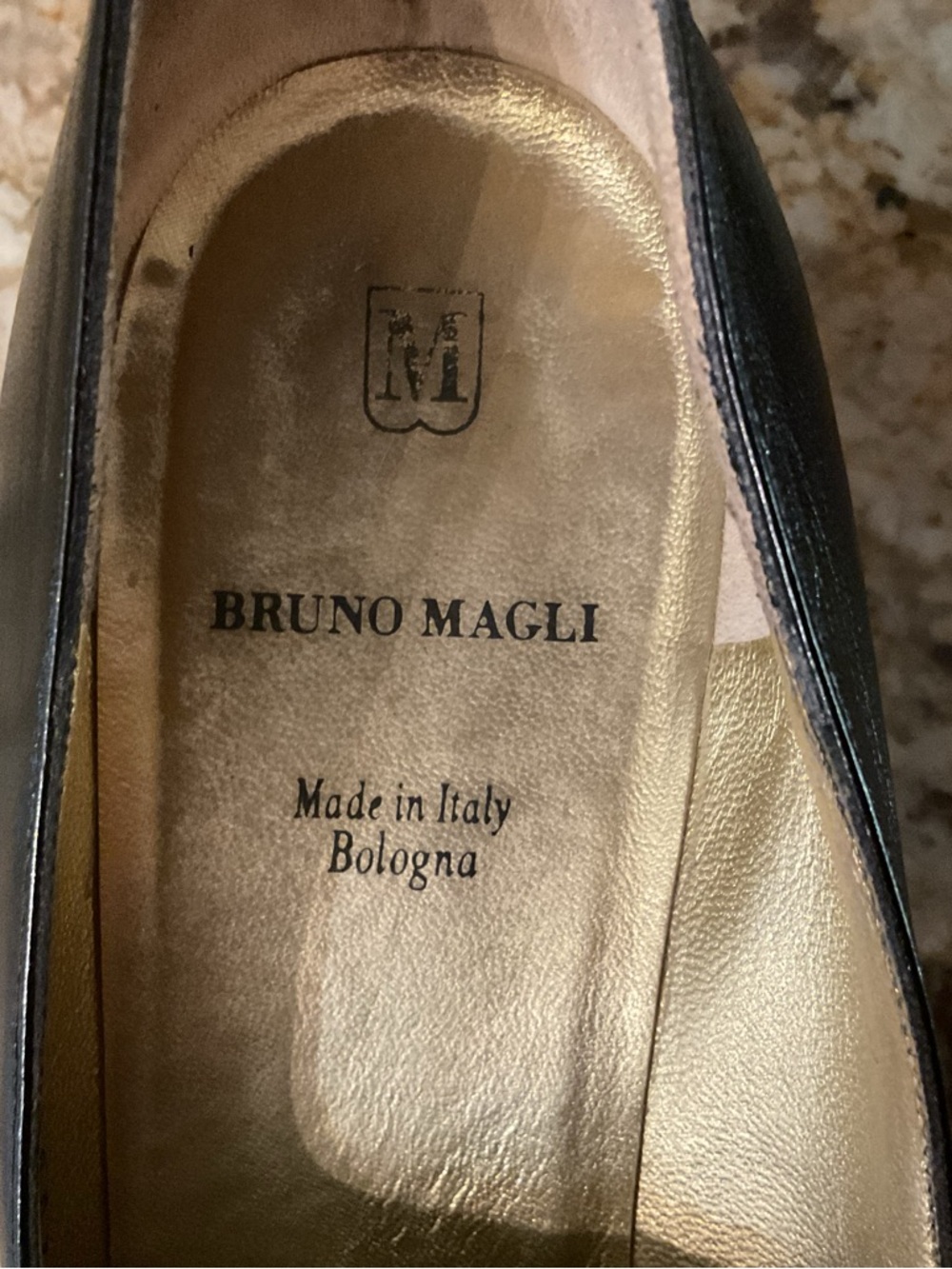 Bruno Magli Black Leather Pointed-Toe Pumps with Gold Buttons - Picture 4 of 5
